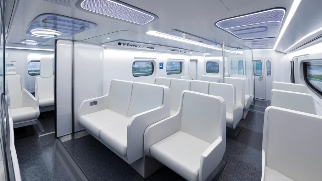 White futuristic train interior、Everything is in white、White wall、White long seats only、