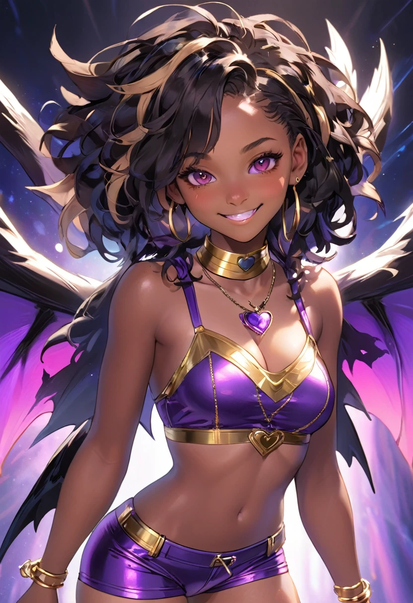 Bengus, falcoon, {black woman with dreadlocks as lilica felchenerow (arcana heart), skates, gold sleeveless parka, purple tube top, purple spandex shorts,  purple collar, bat wings}, {{Score_8_up,  hyper-detail, anime coloring, 4k }}}},  {{{{{hyper-detailed art, best quality, Hdr, hyper-hd,  hyper absurdres, very aesthetic, sharp gradients, deep highlights, deep exposure, hyper city background, detailed smooth textures}}}}},{{{{{{{ beautiful woman, african-caribbean features, very dark skin, voluptuous, curvy, strong, shortstack, black hair, soft face, small wide nose, [big breast], curvy hips, red and brown heterochromia eyes}}}}}}, Playful posing, playful flirt, hyper emotional,  {{{{{perfect hands,  hyper perfect , perfect eyes, perfect anatomy, perfect  physiques, amazing skin, hyper detailed eyes,  hyper detailed character features,  round hips,  wide hips, firm chest}}}}}, {{{salaciously smiling, dynamism,   dynamic lighting, dynamic shading, sensual shadowing,  sensual atmosphere}}}