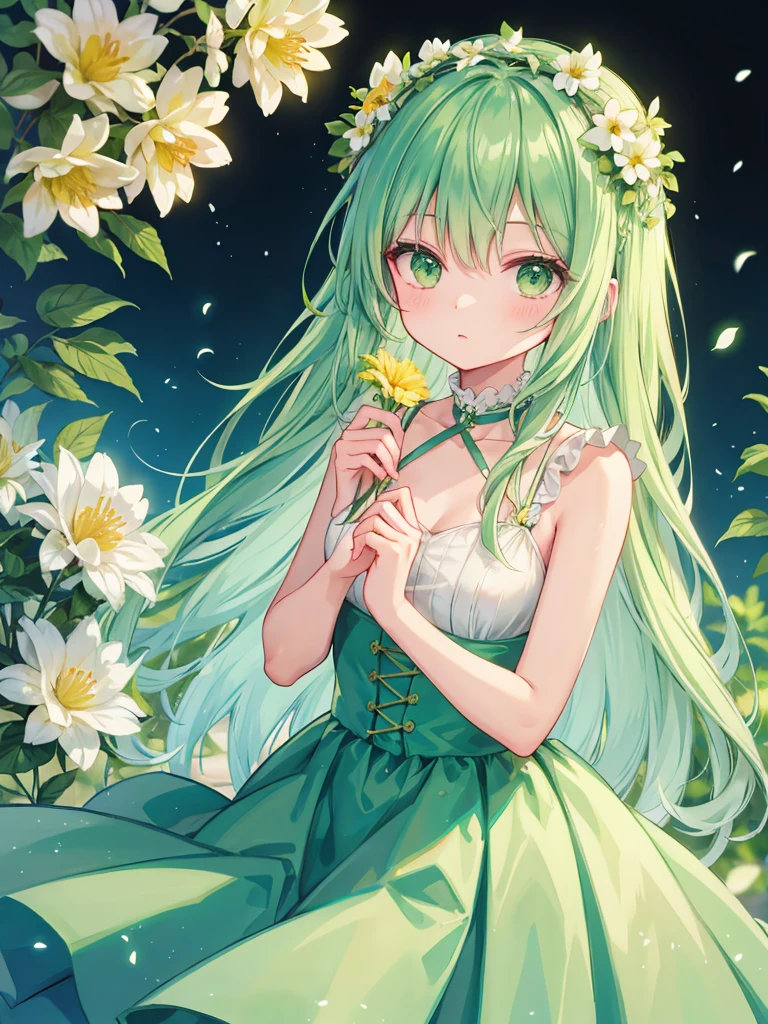 Light green hair, green eyes, long, flower crown, flowers