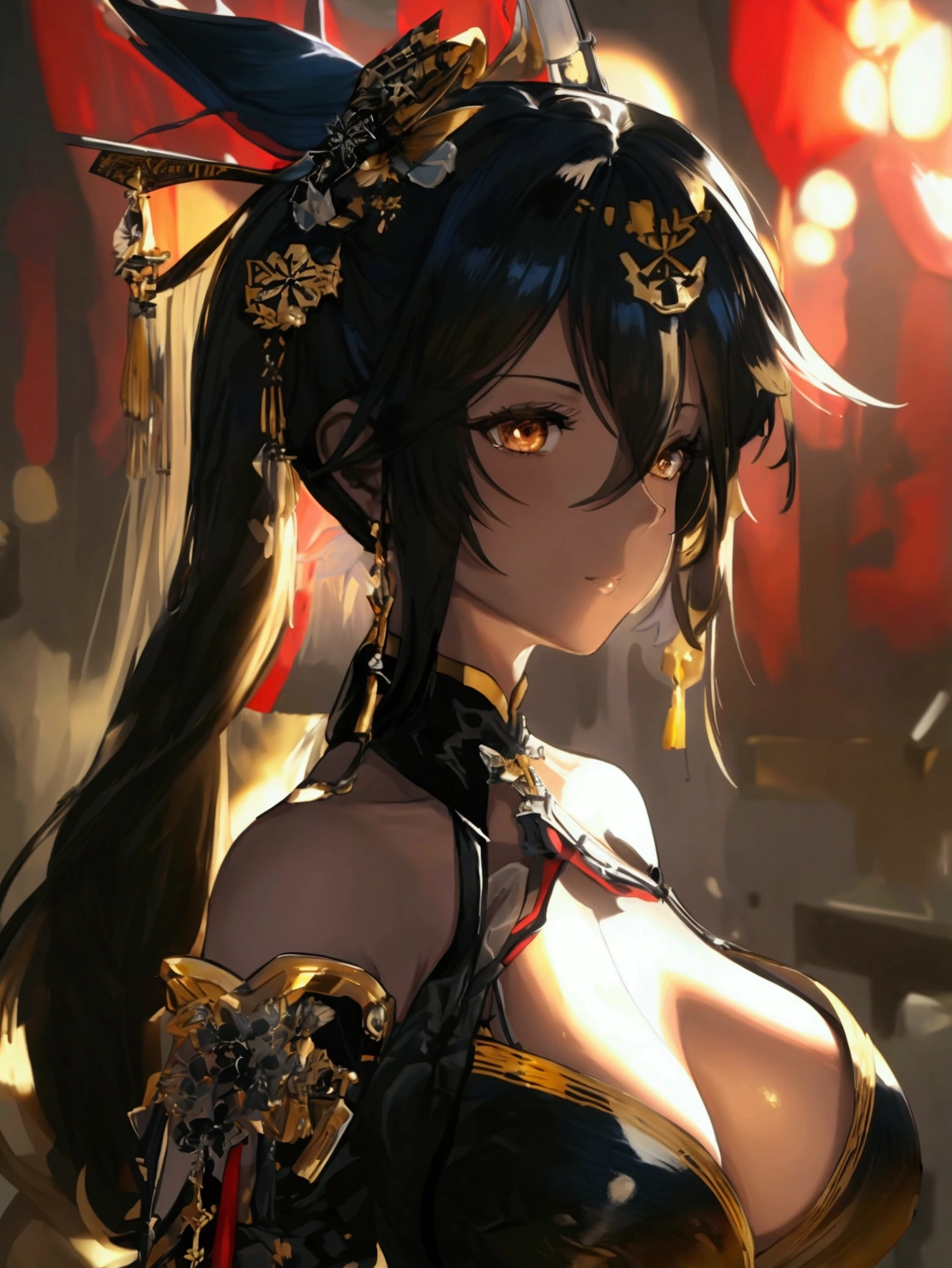 masterpiece,best quality,extremely detailed CG unity 8k wallpaper, tmasterpiece,Best quality,extremely detaild CG unified 8k wallpapers, tmasterpiece, Best quality, CG, optics , Harbin(((azur lane))),detail processing,((Dark Gold pupil)),hair color Black (with golden highlights),Single ponytail, side breast,headgear,hair on one eye, cabelos preto e longos,((MILF,A mature woman)), Huge cleavage,Intimacies,eventide,Clear face,bangle,solo,((cheongsam))