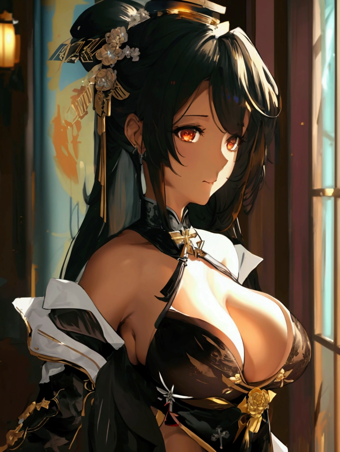 masterpiece,best quality,extremely detailed CG unity 8k wallpaper, tmasterpiece,Best quality,extremely detaild CG unified 8k wallpapers, tmasterpiece, Best quality, CG, optics , Harbin(((azur lane))),detail processing,((Dark Gold pupil)),hair color Black (with golden highlights),Single ponytail, side breast,headgear,hair on one eye, cabelos preto e longos,((MILF,A mature woman)), Huge cleavage,Intimacies,eventide,Clear face,bangle,solo,((cheongsam))