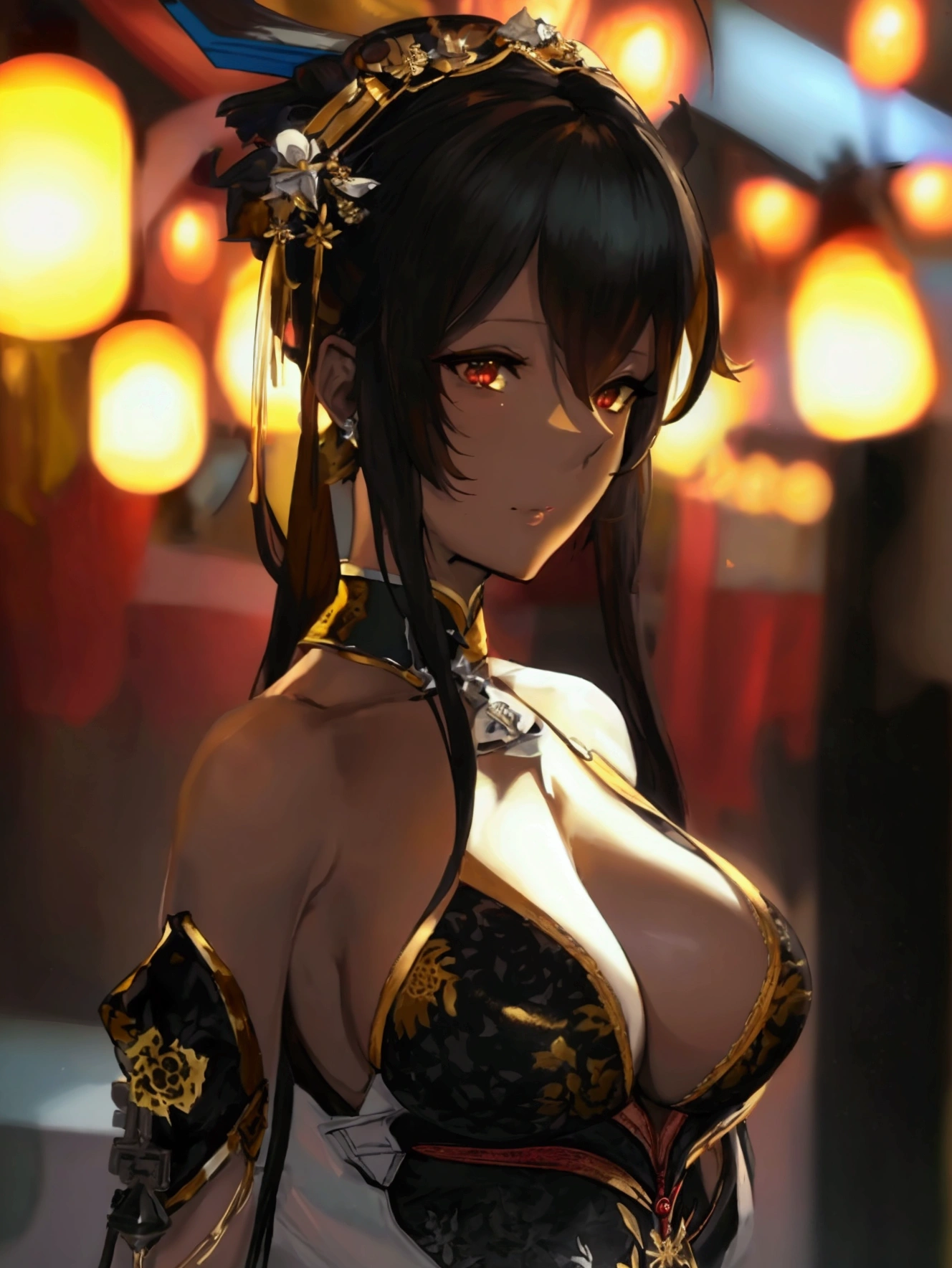 masterpiece,best quality,extremely detailed CG unity 8k wallpaper, tmasterpiece,Best quality,extremely detaild CG unified 8k wallpapers, tmasterpiece, Best quality, CG, optics , Harbin(((azur lane))),detail processing,((Dark Gold pupil)),hair color Black (with golden highlights),Single ponytail, side breast,headgear,hair on one eye, cabelos preto e longos,((MILF,A mature woman)), Huge cleavage,Intimacies,eventide,Clear face,bangle,solo,((cheongsam))