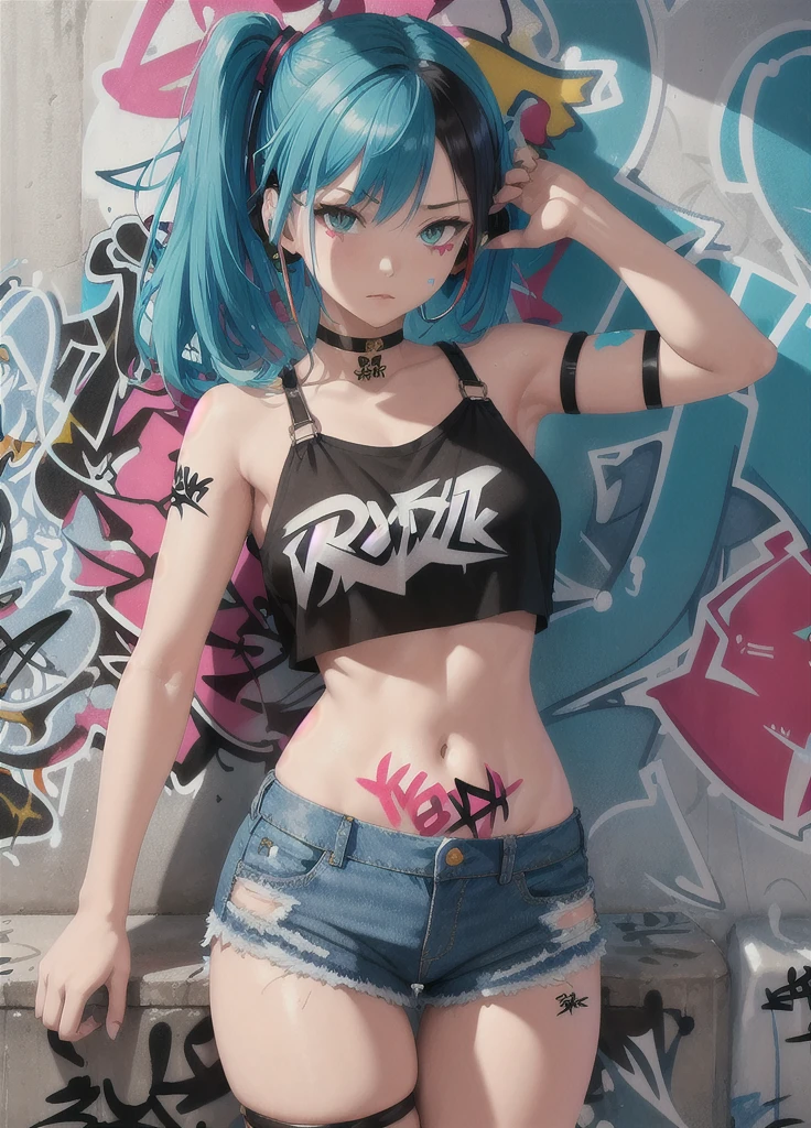 masterpiece, Highest quality, One girl, alone, Crop top, Denim shorts, choker, (graffiti:1.5), Paint splashes, Put your arms behind your back, Against the wall, View your viewers, Armband, Thigh straps, body paint, Tilt your head, boredom, Multicolored Hair, Aqua Eye, headset,
