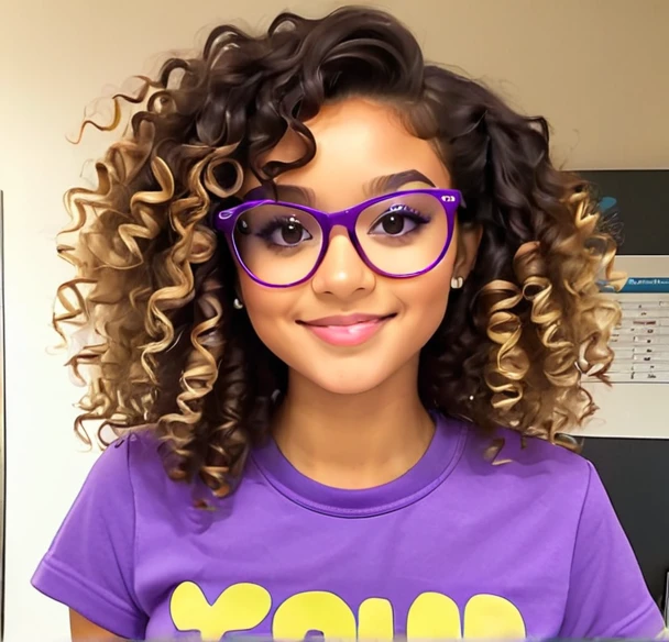 A 19 year old Brazilian,brunette with curly hair and purple prescription glasses