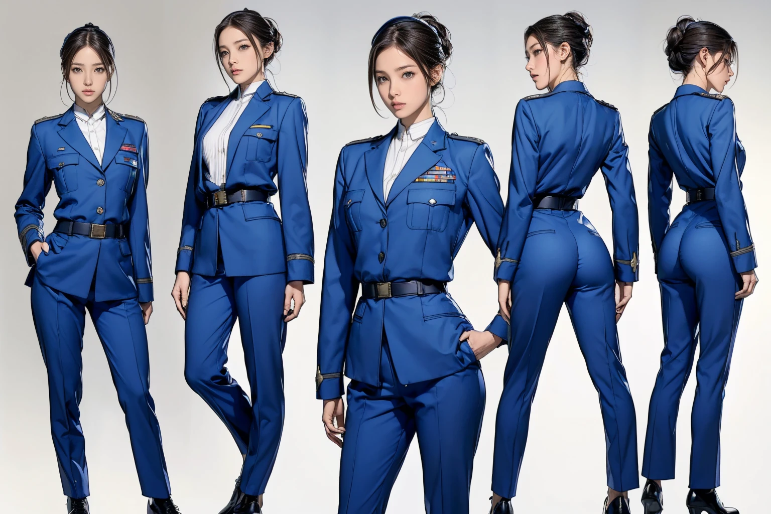 ((masterpiece)),(((Highest quality))),((Reference Sheet, Character Design, front, return, ~ ~ ~ side, Mr...々Hairstyle, Mr...々performance, Facial Expressions)), , Cute type, (Very slim:1.4), (Very small ass:1.4), Realistic buttocks, Medium Chest,Short Bob, Thin thighs, Long legs, It's not a big deal,(A female Earth Federation officer is walking), (Wearing Earth Federation military uniform, White and navy blue military uniform),(Worn by federal government employees'White Hat:1.5)