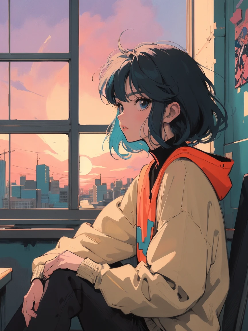 anime girl sitting on floor looking out window at city, anime aesthetic, anime vibes, Lofi Artstyle, Lo-fi portrait by the window, Watching the sunset. anime, Lofty Girl, anime art wallpaper 4 k, anime art wallpaper 4k, anime art wallpaper 8 k, anime background art, Lofi Color, Lofi Art, anime asthetic
