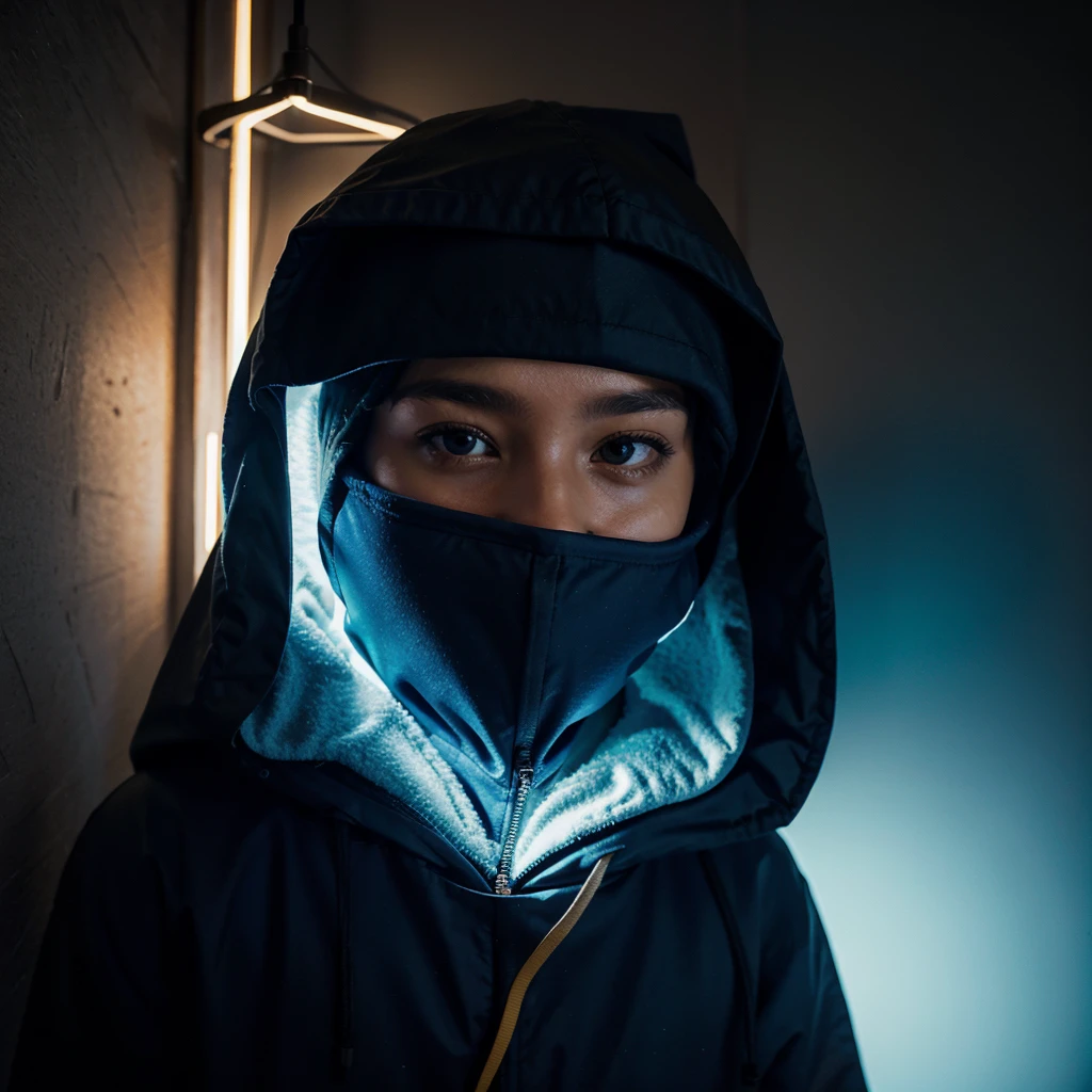 tree masked hooded young men color coridor cecil hostel neon liminal space cold light tamisé