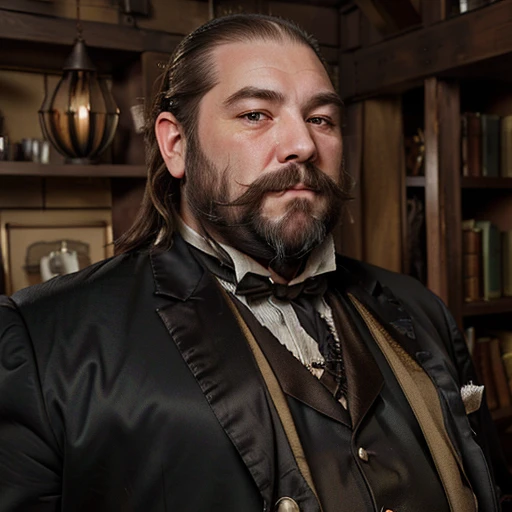 A photorealistic picture of an older D&D dwarf man who is heavyset with thinning hair and a large nose, wide cheeks wearing a steampunk butler outfit and looking dignified with a thick, heavy beard with long sideburns