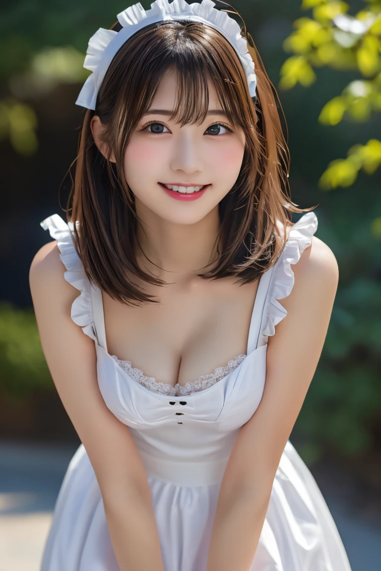 8K highest quality、(beautiful)、Brown Hair、looking at the camera、Larger breasts、smile、Brown maid outfit、frilly maid headband、Leaning forward、Put your finger to your lips
