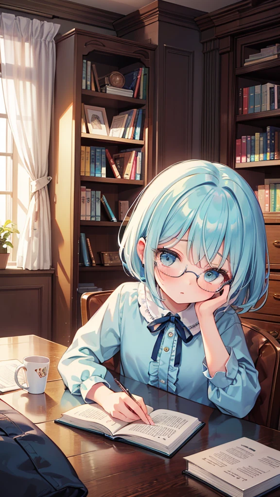 (masterpiece), (best quality), ((very detailed)), (very delicate), (A young girl),10-year-old girl, silver short hair with a beautiful blue layer. Soft, shiny hair. Clear cyan droopy eyes, long bangs covering her eyes. Wears glasses to avoid eye contact.,
Cute frilly dress with detailed textures, Luxurious room with bookshelves and fancy furniture. Often reading books,Shy, always looking down, lacking confidence, on the verge of tears