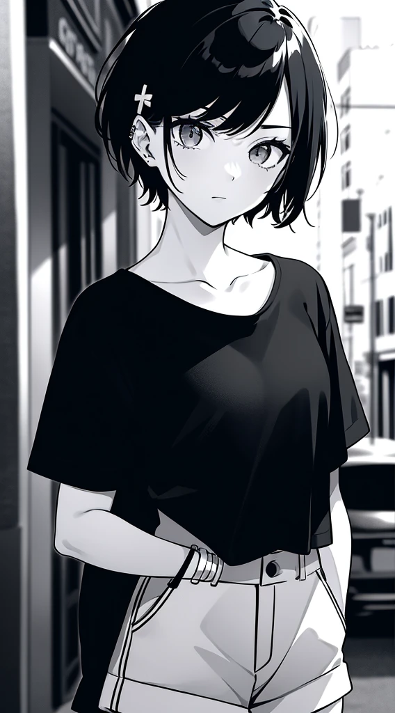 girl, Landscape Portrait, Black and White, Messy short hair, Edgy accessories,Sporty style, Casual T-shirt, A confident gaze, Monochrome color scheme, Look to the side, Chic street fashion, Casual pose with hands in pockets,head,((people)),hairpin