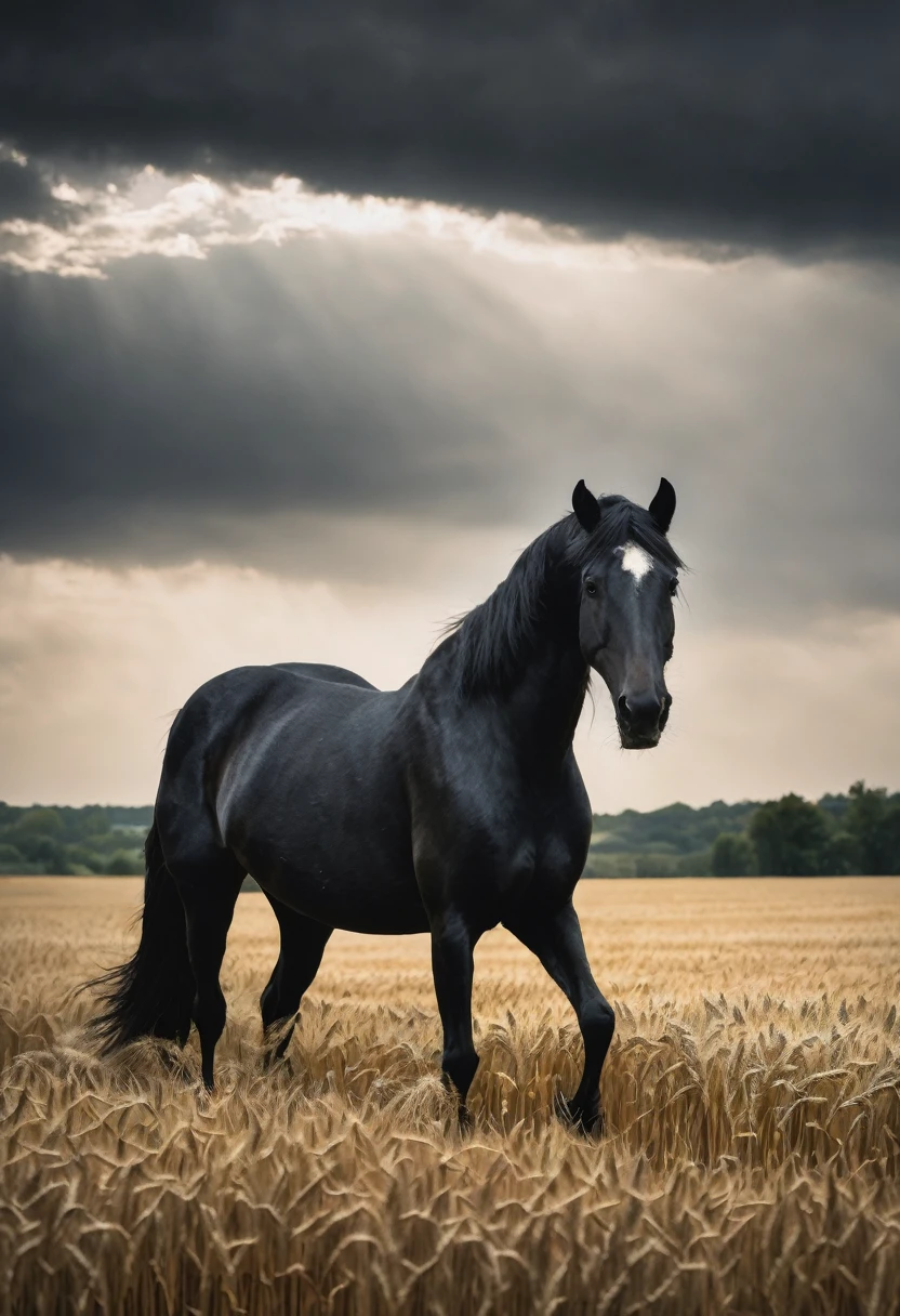 Black Horse, in a wheat field, cloudy and dark sky