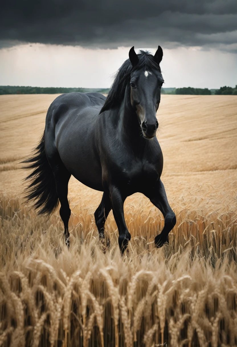 Black Horse, in a wheat field, cloudy and dark sky