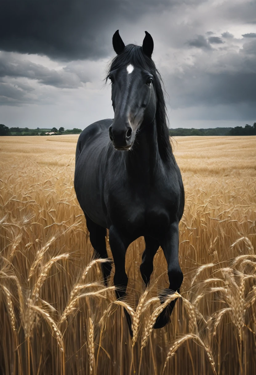 Black Horse, in a wheat field, cloudy and dark sky