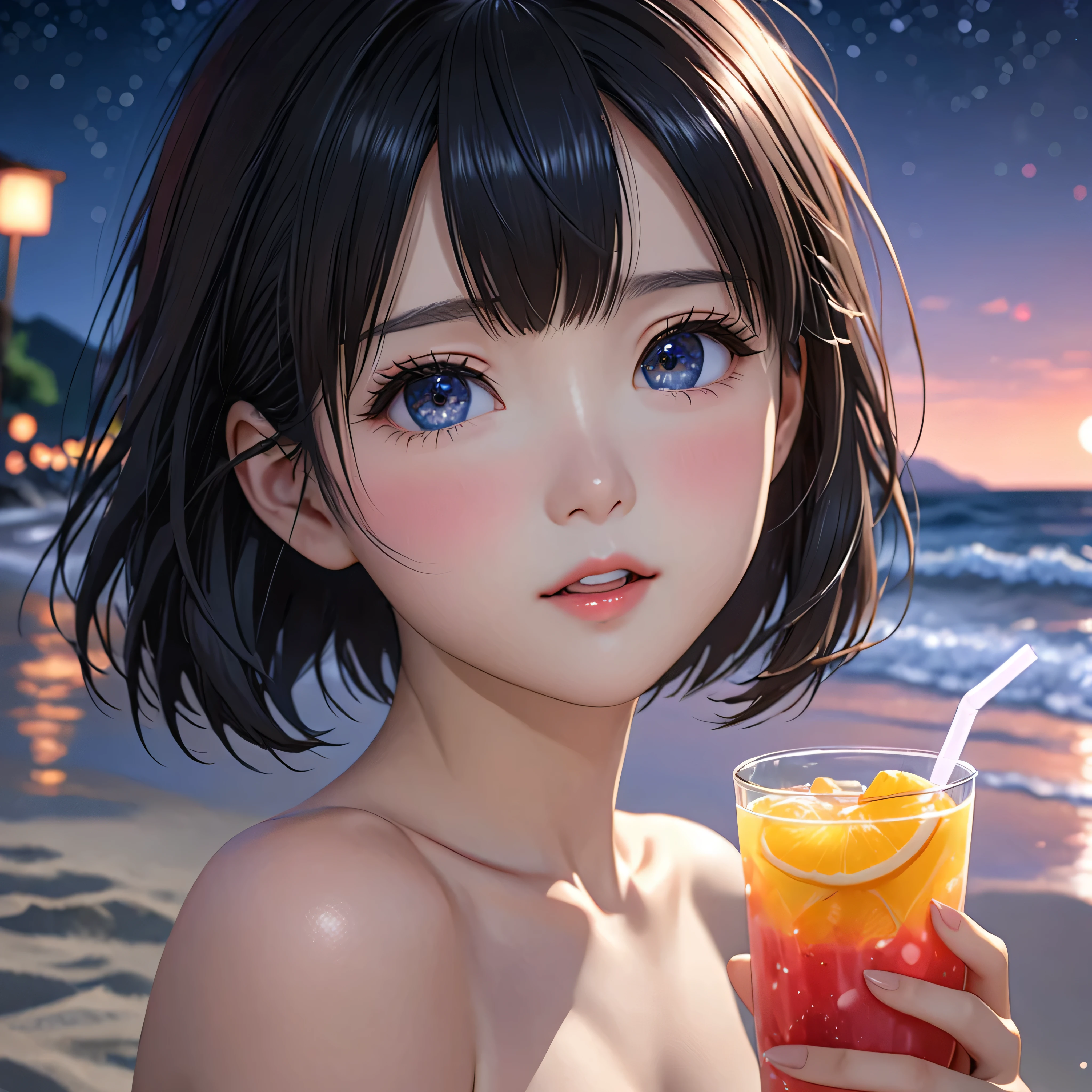 National Science Foundation,masterpiece,High resolution,8K,Art,digit,Three-dimensional,Realism,Kyoto Animation Style,your name movie style,cute,baby face,looking into camera,midnight,On the scenic beach,(1 girl: 1.3),(alone: 1.4),Upper body nudity,Holding an iced fruit drink,Black hair,Long eyelashes,Slender legs,Short Bob,Close-up of upper body,Close-up,(Close up),Eyes as deep as the starry sky,shy,blush,open mouth