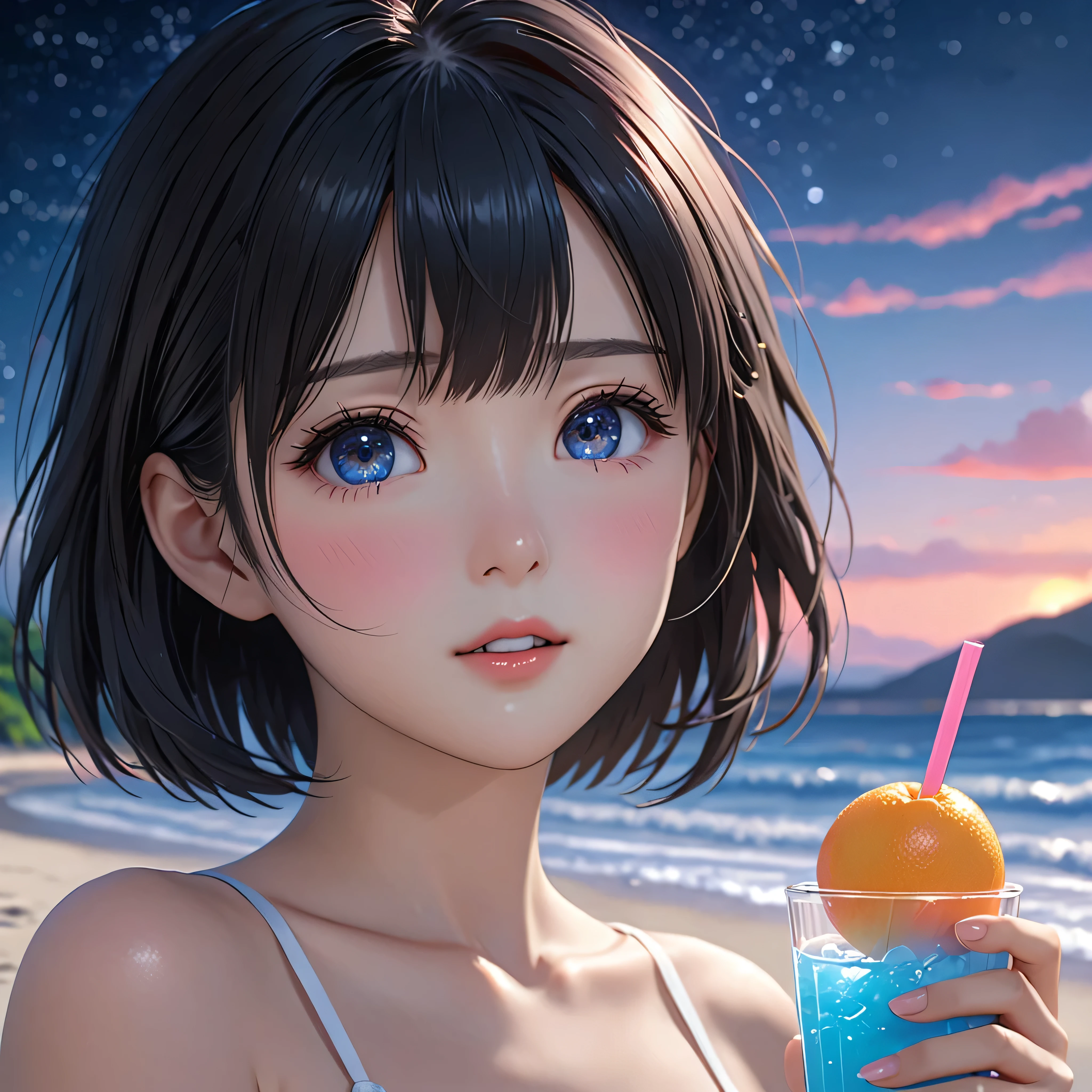 National Science Foundation,masterpiece,High resolution,8K,Art,digit,Three-dimensional,Realism,Kyoto Animation Style,your name movie style,cute,baby face,looking into camera,midnight,On the scenic beach,(1 girl: 1.3),(alone: 1.4),Upper body nudity,Holding an iced fruit drink,Black hair,Long eyelashes,Slender legs,Short Bob,Close-up of upper body,Close-up,(Close up),Eyes as deep as the starry sky,shy,blush,open mouth