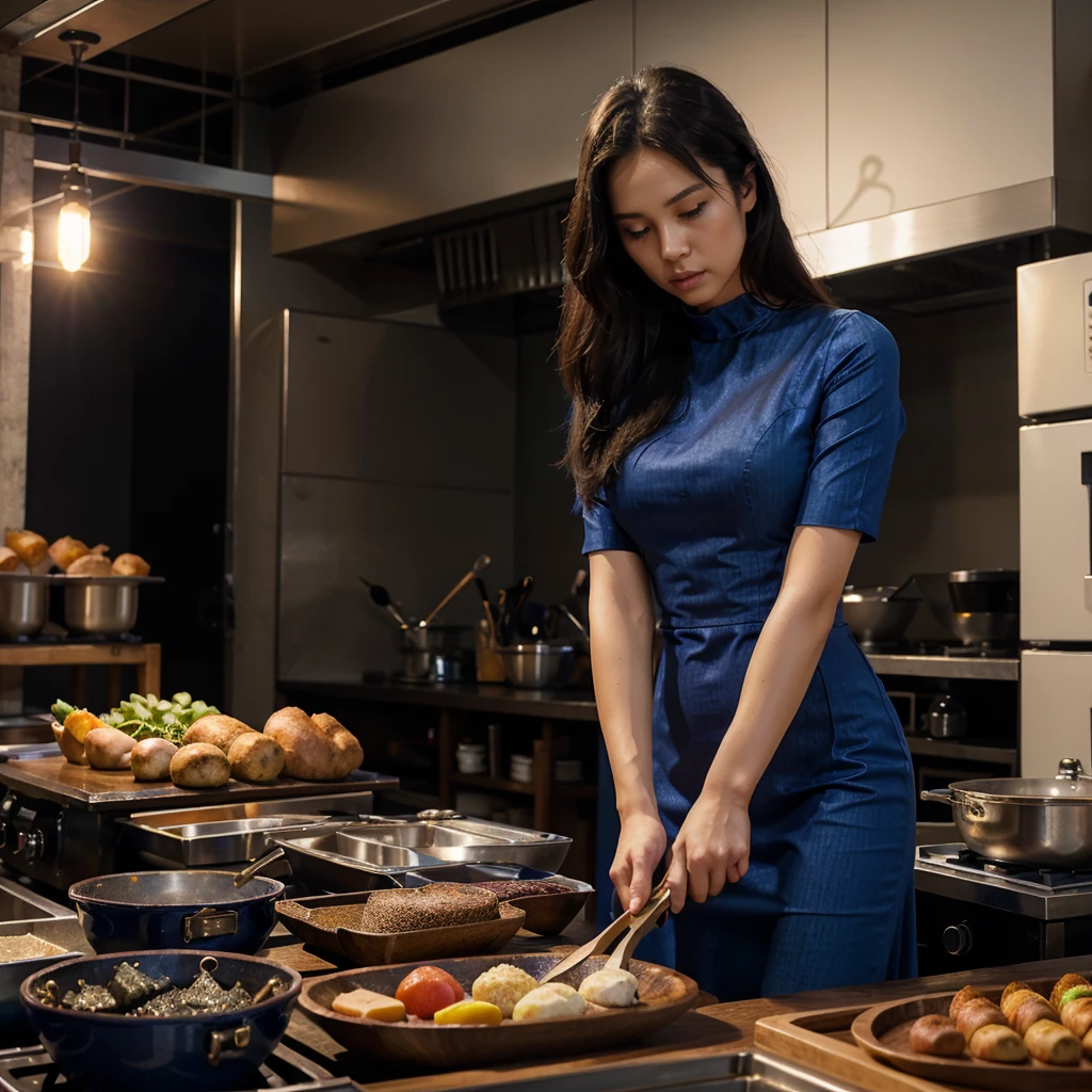 Female supermodel. Royal blue evening dress. Blue jeans. Dim, soft lighting. Sunset. Sunset. Kappabashi Kitchen Tools Street, Tokyo, Japan.