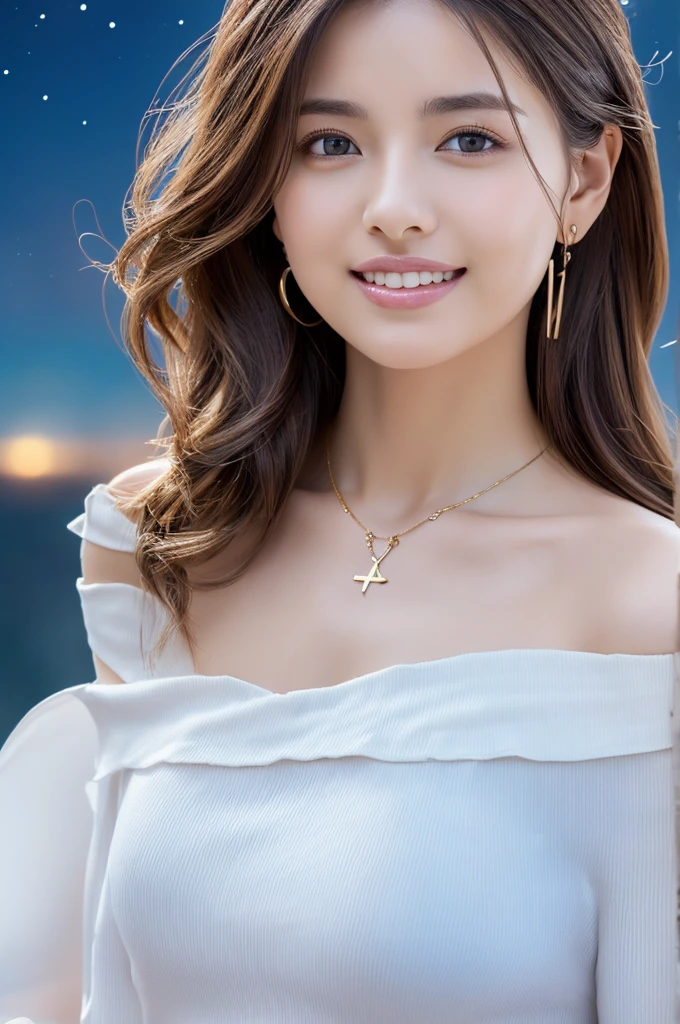 (masterpiece:1.3), high resolution, ultra detailed, extremely detailed CG unity 8k wallpaper, realistic, photo-realistic, RAW photo, beautiful detailed face, pale skin, realistic glistening skin, detailed cloth texture, detailed hair texture, Perfect Style, Beautiful Face, accurate, Anatomically correct, Highly detailed face and skin texture, natural neck length, (wet body, wet hair:1.1),
BREAK
Detailed eyes, symmetric eyes, Brown eyes, Double eyelids, Thin eyebrows, (Sexy Lips:1.3), (happy smile:1.2), (blush:1.2)
BREAK, 
((Innocent and Cute girl:1.3)), ((wearing a off-shoulder White blouse:1.4)), (Gold buckle belt), (skinny jeans:1.2), (cross strap high heels:1.2), (necklace, bracelet), (Thin hoop earrings), (pinky ring), (beautiful blue nails:1.2), 
Layered Hairstyle, (brown hair:1.2), (wavy hair:1.2), medium long hair, (large breasts, firm breast, nicely shaped breasts:1.1),
BREAK, 
((Standing to close:1.4)), ((looking up at viewer:1.2)), 
((close-up shot:1.2)), (Focus on face:1.2), (from above:1.2), (in an outdoor stylish beachside terrace), ((A view of The night sky filled with numerous stars and a large full moon shining brightly:1.3)),