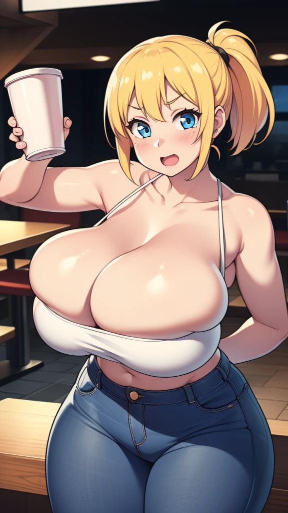 ((Masterpiece)), perfect anatomy, perfect shading, field of depth, (best quality), extremely delicate and beautiful, perfect lighting, detailed face, ultra cute face, cute, ((1girl)), ((solo))

short fluffy blonde hair, ponytail, blue eyes, ((blush)), nervous, looking at viewer, tank top, jeans, cleavage, large breasts, ((thick thighs)), (wide hips), chubby, breast grab

intricate background, detailed background, fast food restaurant,
