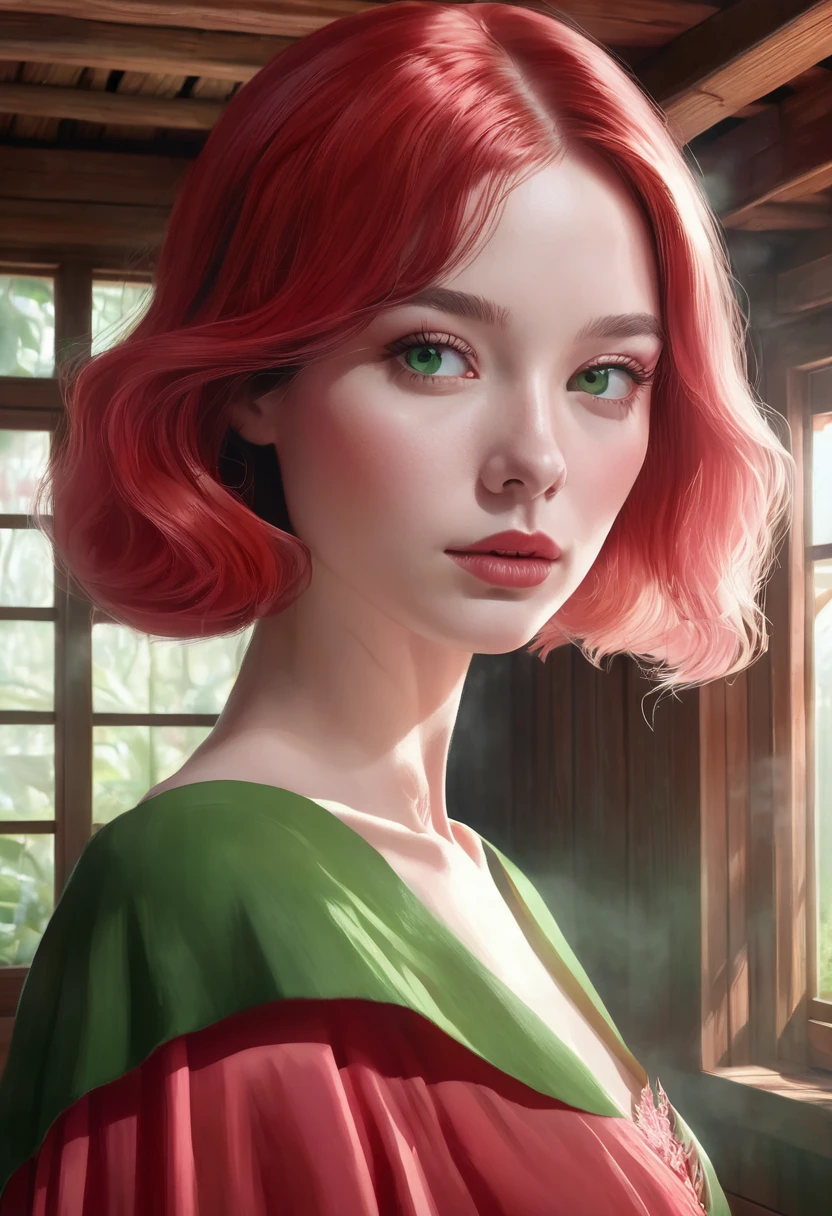 1 woman, inside a wooden house, wearing an elegant red dress, detailed facial features, green and feminine eyes, detailed white skin, light pink long bob hair, soft expression, dramatic lighting, cinematic composition, cool and fresh color palette , atmospheric fog, thin chin, (best quality, 4K, 8K, high resolution, art: 1.2), ultra-detailed, (realistic, photorealistic, photorealistic: 1.37)
