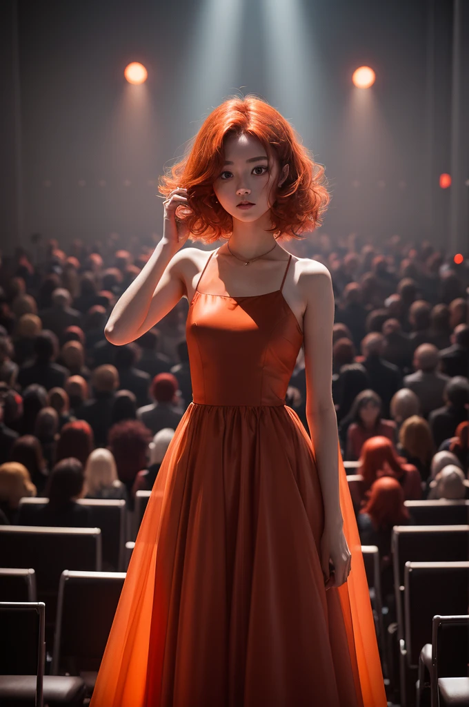 Shortening, Written limit depth, work of art, best qualityer,  22 years old, hair orange, Red eye, big hair, floating,red rays, standing alone, Observing the audience,grey dress, Voo, 