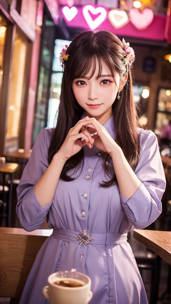 Seniors working at a cafe　Goddess of Love　Cafe uniform　looking at the camera　A background in colors that evoke romance　Hold the heart crystal in both palms under your face