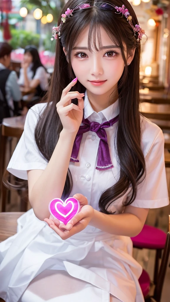 Seniors working at a cafe Goddess of Love Cafe uniform looking at the camera A background in colors that evoke romance Hold the heart crystal in both palms under your face