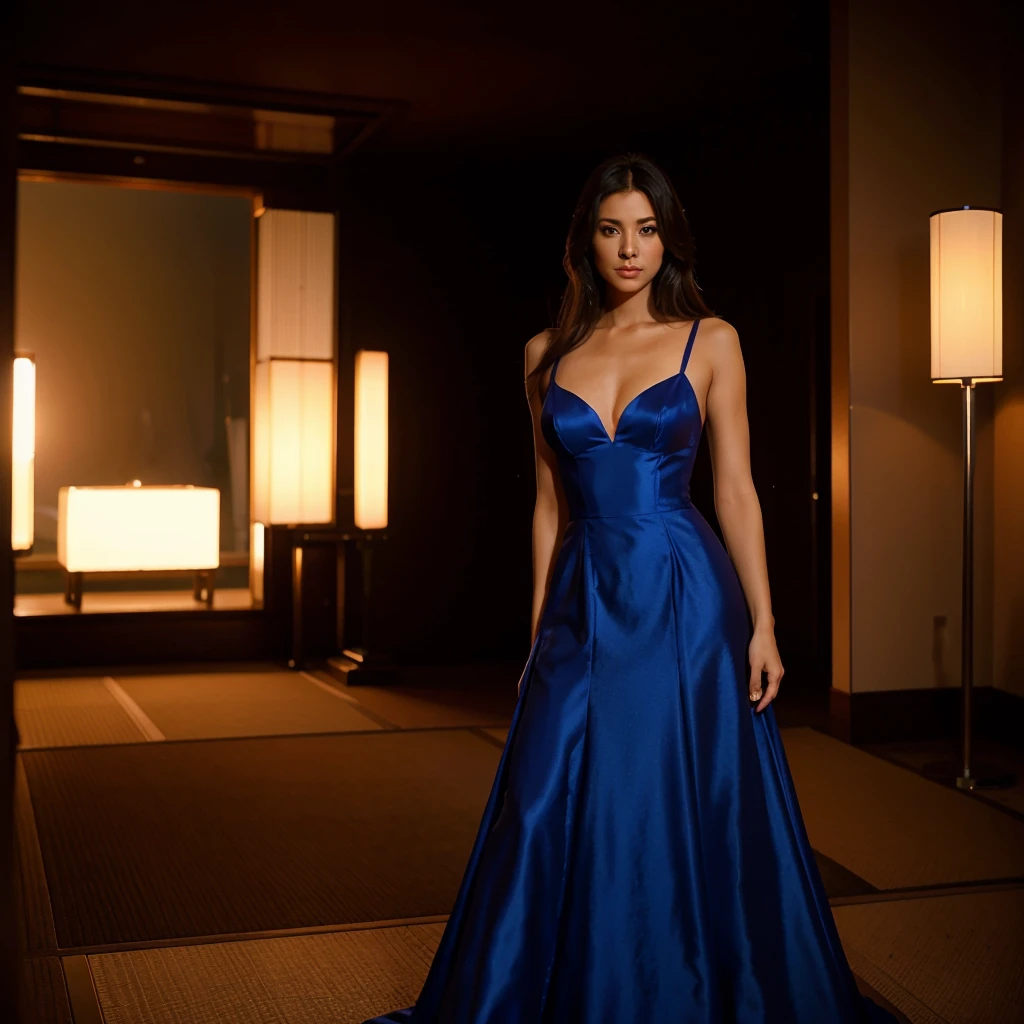 Female supermodel. Royal blue evening dress. Dim, soft lighting. Sunset. Tokyo, Japan.
