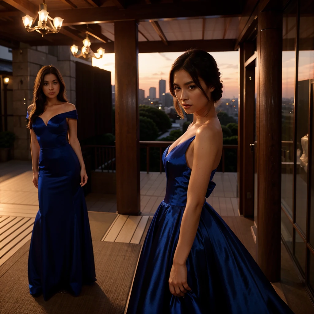 Female supermodel. Royal blue evening dress. Dim, soft lighting. Sunset. Tokyo, Japan.