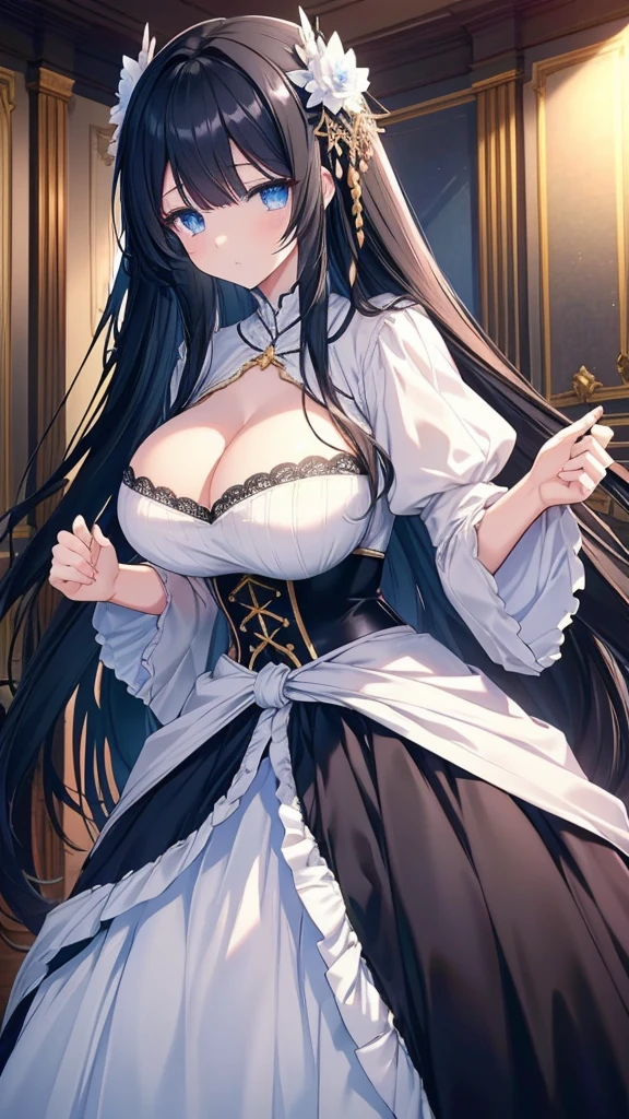 best quality, extremely detailed,anime style girl,long hair down to the waist, straight hair, ((dark black hair with bluish)),braid,beautiful detailed eyes, pinched eyes, (dark blue eyes),huge breasts,curvy,fantasy white costumes,blouse,hair ornament,Luxurious room,cool expression,((action scene))