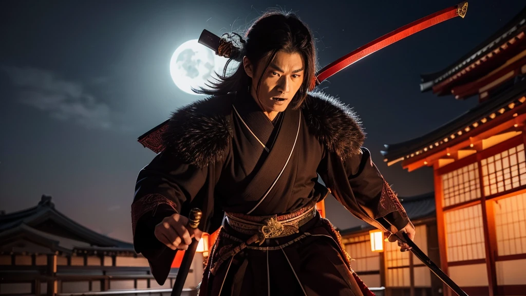 Japan folklore,Demon Exorcism,Brave samurai with sword,wearing a black hakama,Japan male at 50 years old