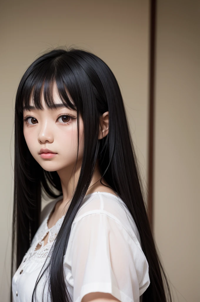 Asian girl, long black hair, with innocent look