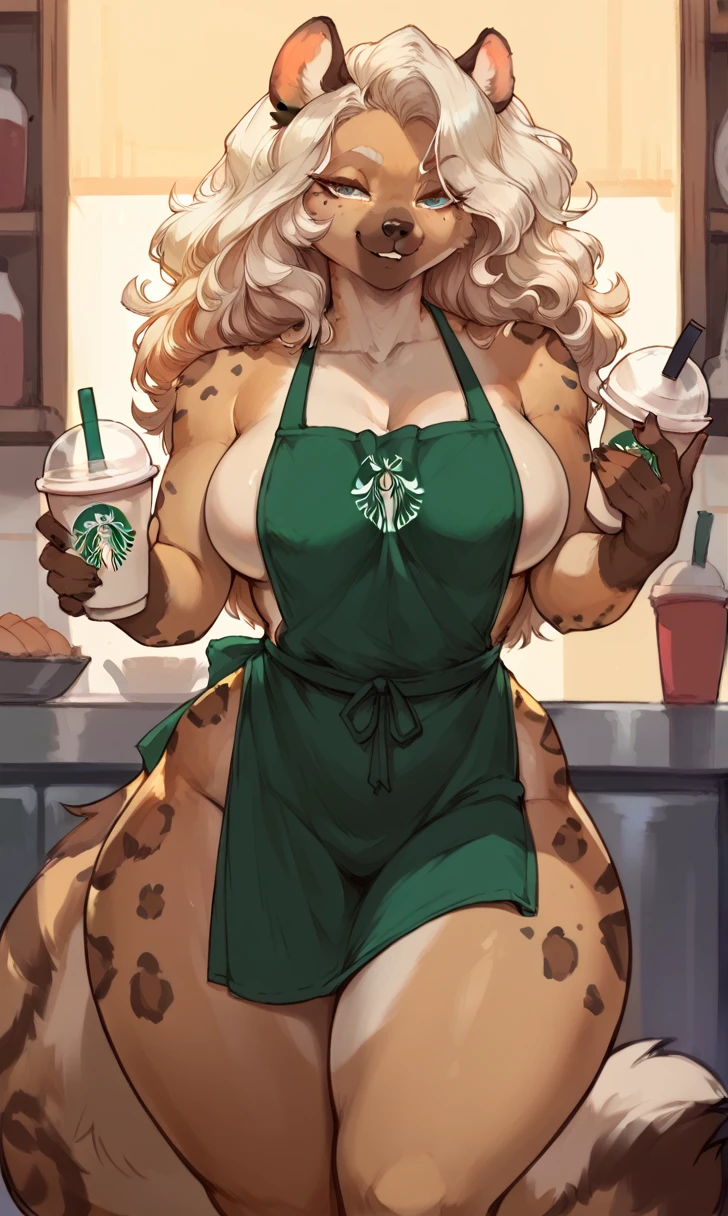 female anthro Snow leopard,Brown long fluffy hair, fluffy hair, squirrel ears, hyena, big breasts, attractive,Starbucks apron, thicc body, thicc body, thicc, freckles, freckles on face, neutral expression, smug eyes, she is standing (thick thighs:1.5)