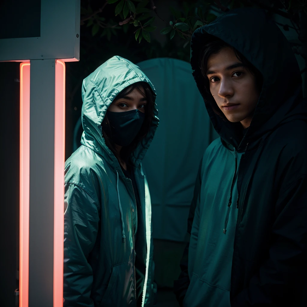 tree masked hooded young men color coridor neon liminal space cold light tamisé