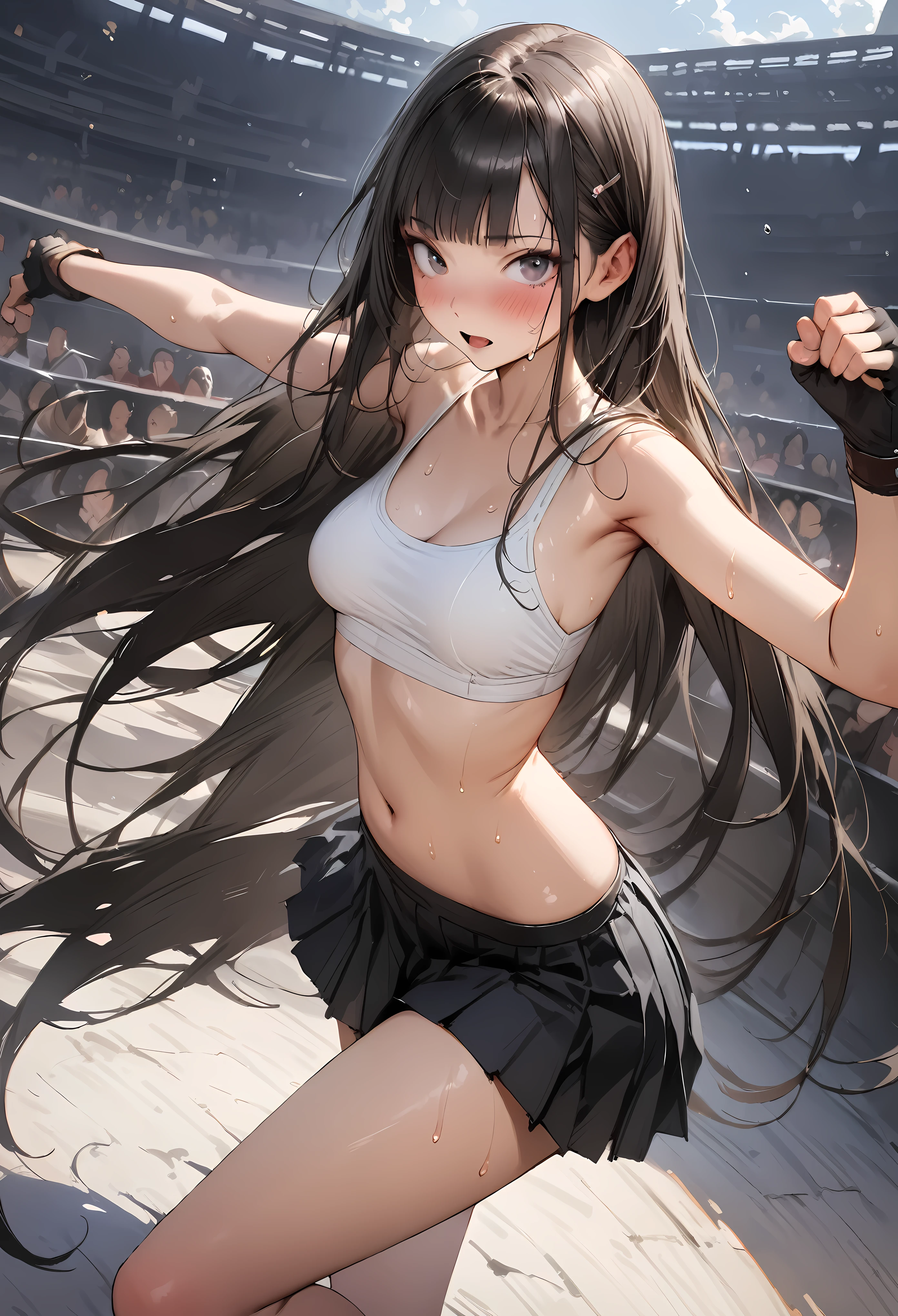 (((masterpiece,Highest quality:1.3,best quality illustration))),(realistic),cowboy shot,solo,1woman,18 year old beauty,black hair,long hair,bangs,black eyes,gorgeous big eyes,((very small head:1.3)),blush,((very long body:1.2,skinny)),medium breasts,White tube top shirt、navel、(Black pleated mini skirt),Brown leather fingerless gloves、sweat,gleaming skin,toned body,slender body、Martial arts stance、During a martial arts match、amphitheater、