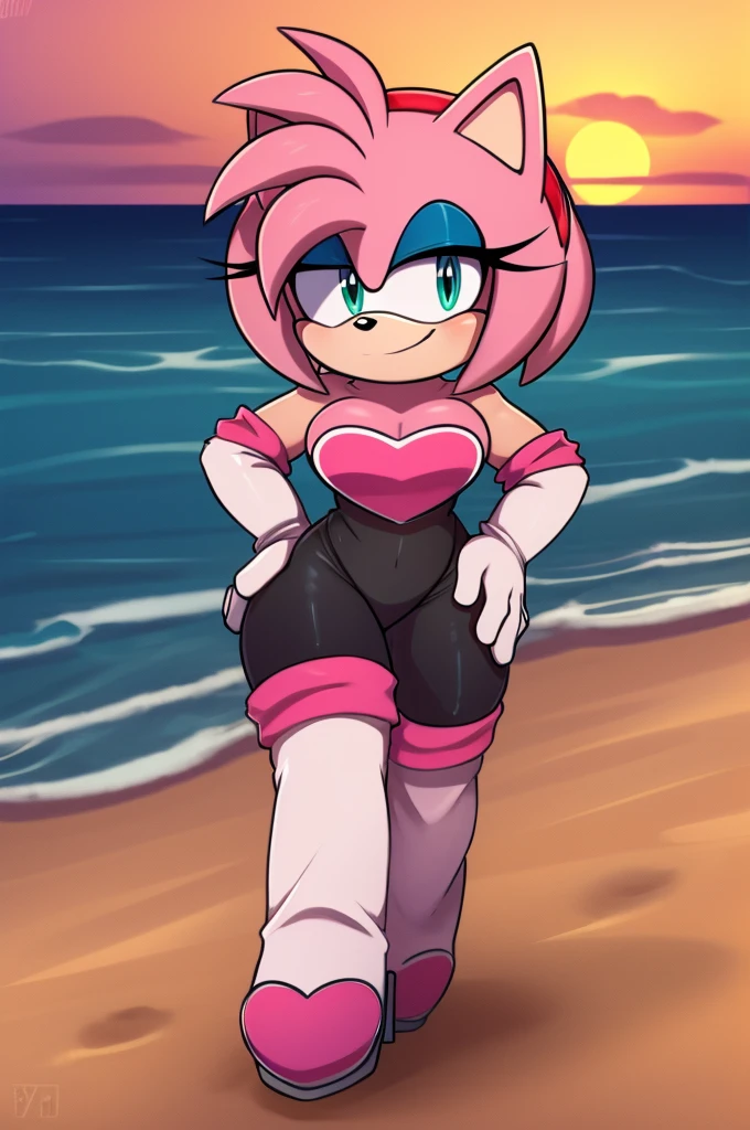 score_9, score_8_up, 2D, flat color, looking at viewer, (1girl), (solo), very detailed, extremely detailed, Amy Rose from the sonic the hedgehog series, portrait, seductive smile, hair down, hair bangs, medium breast, Rouge cosplay, cosplay, she wears a black skin-tight and strapless low-cut jumpsuit, a pink heart-shaped chest plate outlined with thin white trim, elbow-length white gloves and thigh-high high-heeled boots with pink cuffs to match them, with the latter featuring both gray soles and heels, matching her jumpsuit's chest plate, walking on the beach with the ocean waves in a nice sunset, close up, right hand on the hip, left hand down, wingless