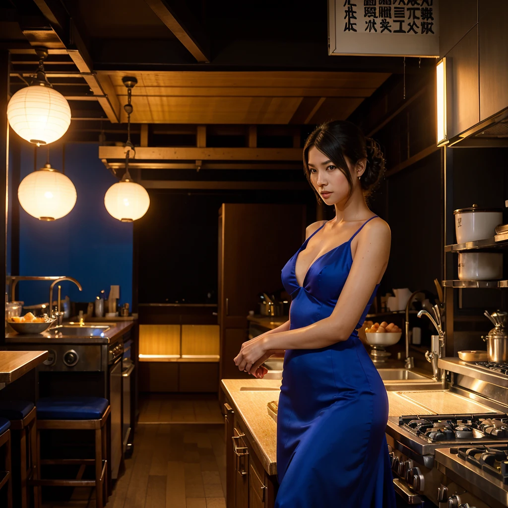 Female supermodel. Royal blue evening dress. Dim, soft lighting. Sunset. Sunset. Kappabashi Kitchen Tools Street, Tokyo, Japan.