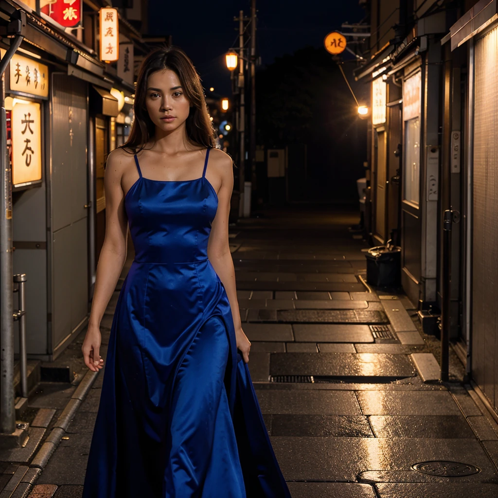 Female supermodel. Royal blue evening dress. Dim, soft lighting. Sunset. Sunset. Kappabashi Kitchen Tools Street, Tokyo, Japan.