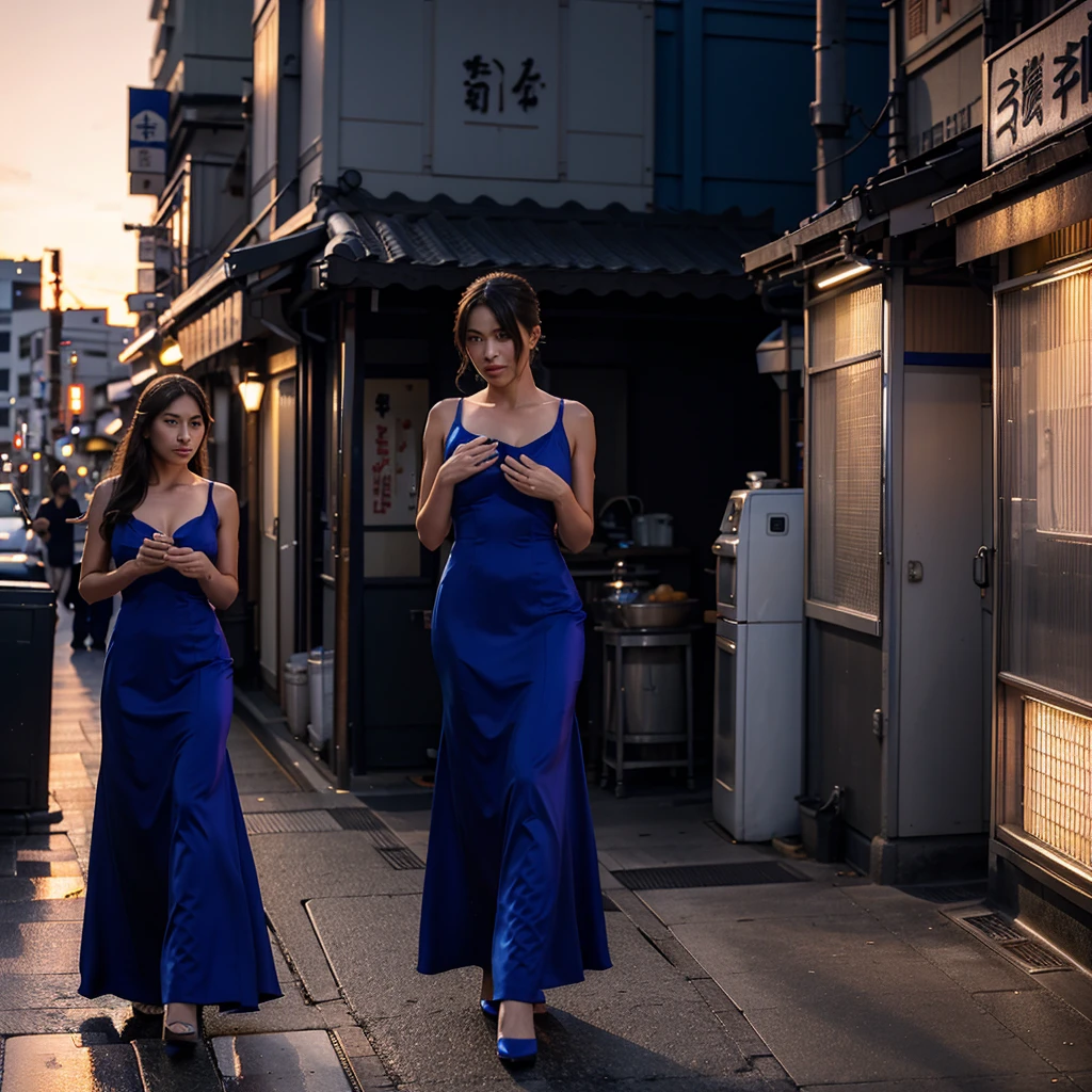 Female supermodel. Royal blue evening dress.  Dim, soft lighting. Sunset. Sunset. Kappabashi Kitchen Tools Street, Tokyo, Japan.