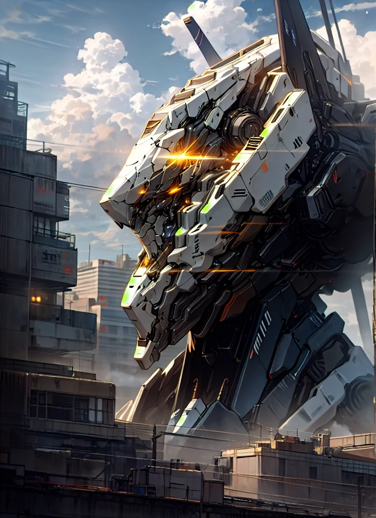 sky, cloud, holding_weapon, no_humans, glowing, , robot, building, glowing_eyes, mecha, science_fiction, city, realistic,mecha