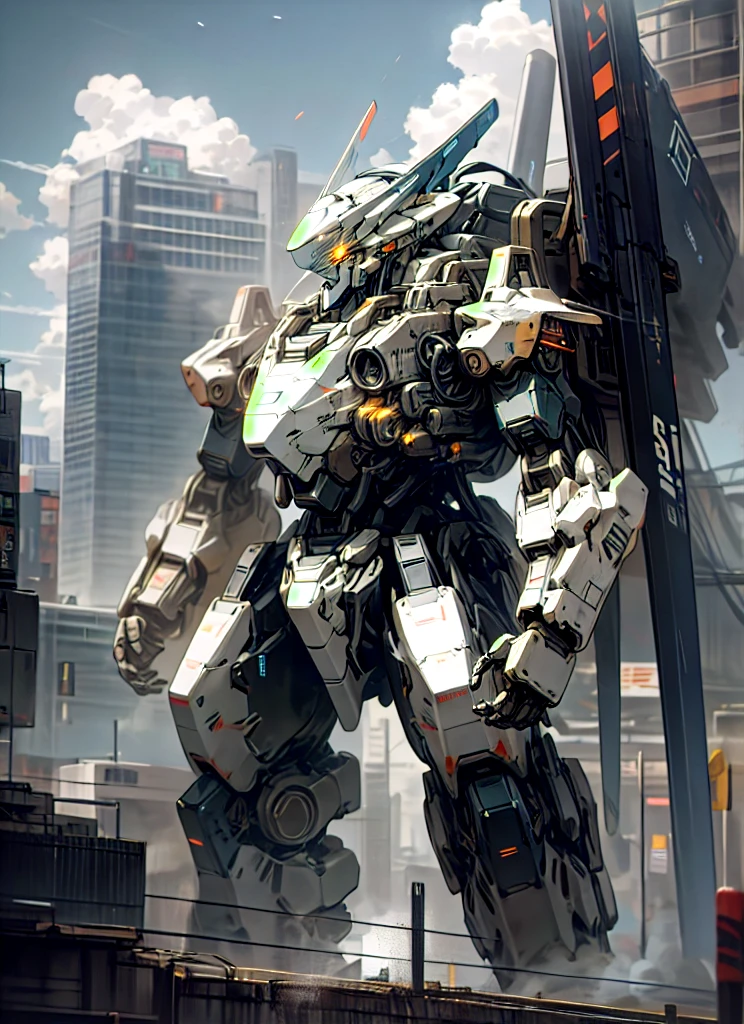 sky, cloud, holding_weapon, no_humans, glowing, , robot, building, glowing_eyes, mecha, science_fiction, city, realistic,mecha
