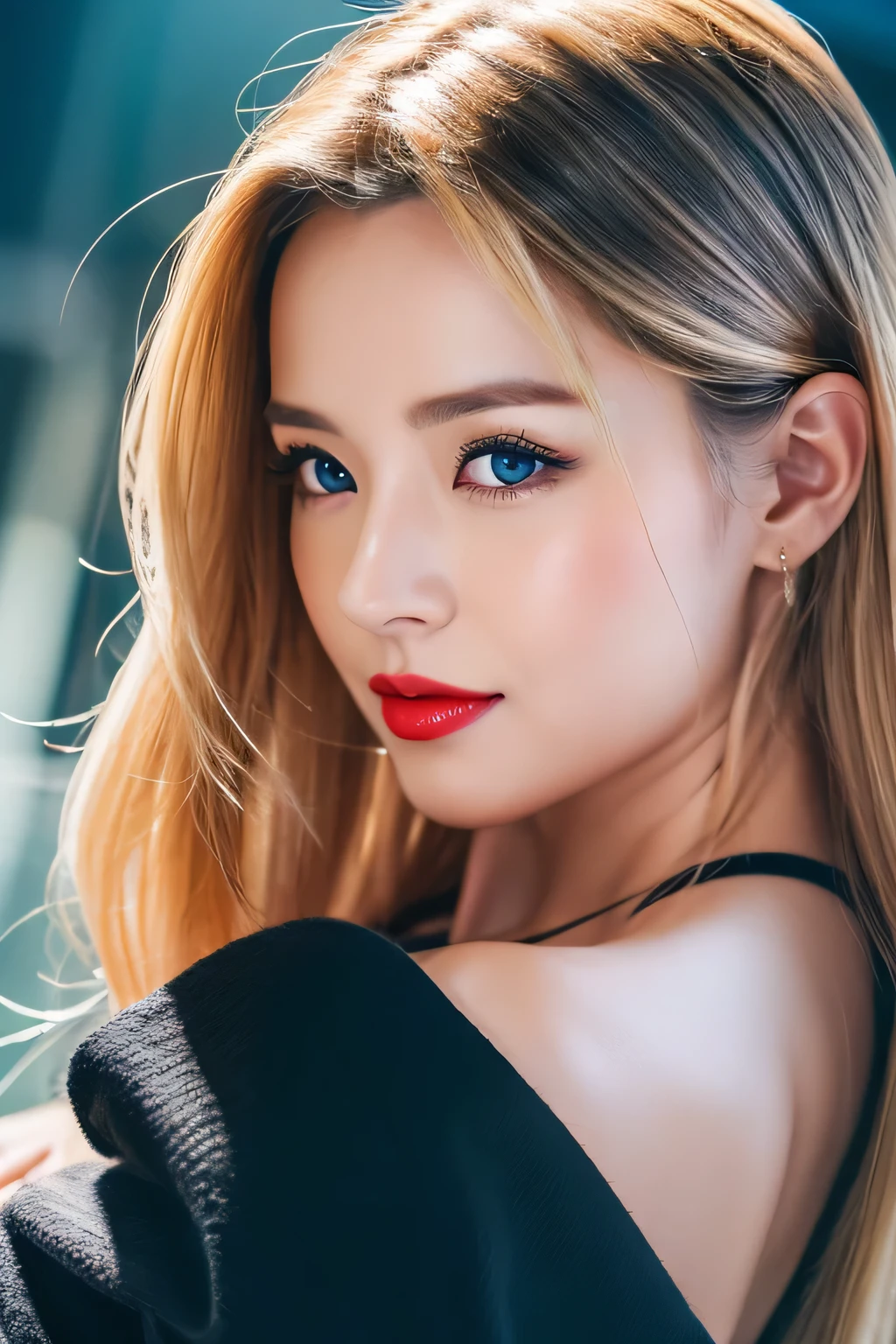 An unparalleled masterpiece, Ultra-realistic 8K CG, Perfect artwork, ((Image of a perfect woman)), Mature Woman, Tight waist, charm, clean, Beautiful Face, {Very delicate and beautiful girl} , 8k wallpaper, {{{masterpiece}} }, 1 Girl, bionde, blue eyes, American Drama「Charlie's Angels」、Long Hair,  Red lips,double eyelid、I&#39;Apply mascara、 alone,  (Shiny skin),photo shoot on the beach、Wearing a red bikini、Pose like a model、The sea of Shikanoshima、