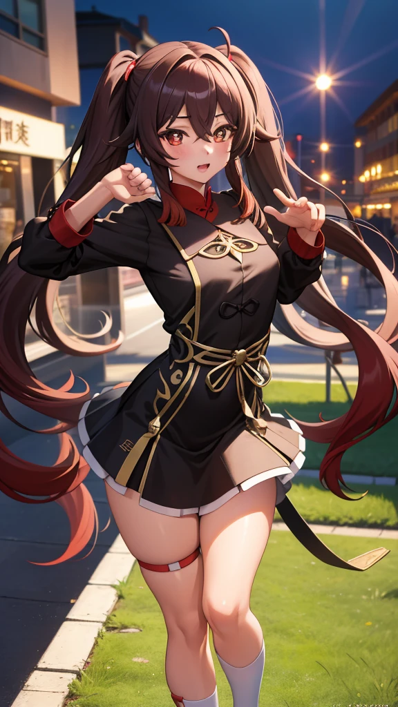 hutao \(genshin impact\), (extremely detailed CG unity 8k wallpaper:1.1), (best quality:1.1), (ultra-detailed:1.1), (best illustration:1.1), (best shadow:1.1), 1girl, perfect anatomy, brown hair, (twintails, very long hair:1.2), hat, plum blossom, red eyes, chinese clothes, tail coat, black shorts, black nail polish, solo focus, smile , blush, (city, street, stores, tree, crowded:1.2), (sharp focus, depth of field:1.2), looking at viewer <lora:128-768-hutao:1> , extremely detailed eyes , extremely detailed hair , extremely detailed outfit , extremely detailed background , less smudge , wink , {best quality}, {{masterpiece}}, {highres}, extremely detailed girl, illustration, solo, {{{{sharp focus}}}}, {{{character{{{1 girl}}}}}}, solo, light smile, closed mouth, {{{beautiful detailed eyes}}}, {{{{{looking at viewer}}}}},{{{{{sharp focus}}}}}, {{{{{masterpiece illustration}}}}},full body, normal angle, shiny hair, {{{permed hair}}}, light particles, rose petals, glowing light, lens flare, {{{{{wind blowing}}}}}, perfect eyes , perfect face , sharp edges , 4k , shiny skin , perfect anatomy , perfect hands , black nails , full body , {{{{{perfect anatomy}}}}} , {{{{{perfect hands}}}}} , {{{{{masterpiece}}}}}