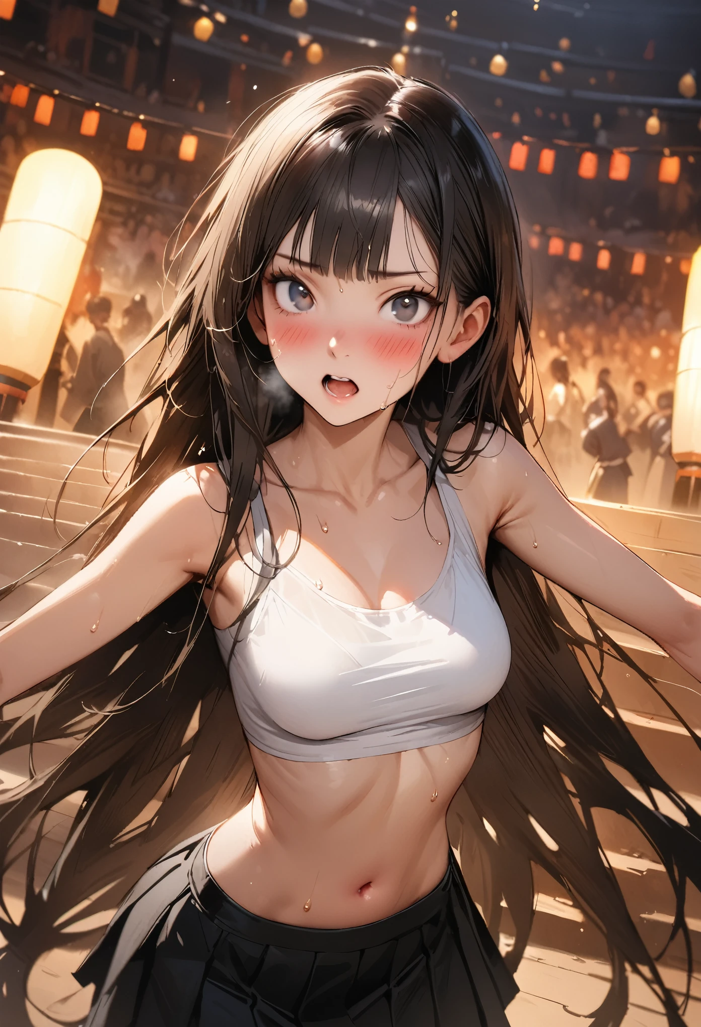 (((masterpiece,Highest quality:1.3,best quality illustration))),(realistic),cowboy shot,独奏,1woman,18 year old beauty,black hair,long hair,bangs,black eyes,gorgeous big eyes,((very small head:1.3)),blush,((very long body:1.2,skinny)),medium breasts,White tube top shirt、navel、(Black pleated mini skirt),Brown leather fingerless gloves、sweat,gleaming skin,toned body,slender body、Martial arts stance、During a martial arts match、amphitheater、