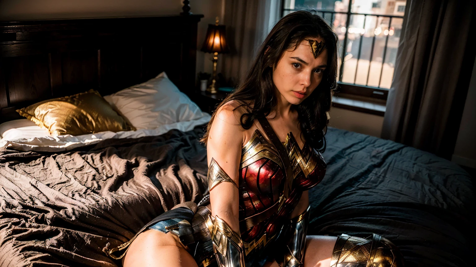 ((masterpiece), (solo character), (photorealistic:1.4), ),(best quality), (epiCRealLife), (g4lg), (wonder woman armor), (g4lg large breasts), (g4lg show cleavages), (Gal Godot in wonder woman costume), (lora:epiCFlashPhoto),(flashphoto), (flash photography) (look at viewers), , (photoshoot), (wonder woman theme), (indoor), (on the bed), (night time), (Gal Godot running, (boots), (lakeside)