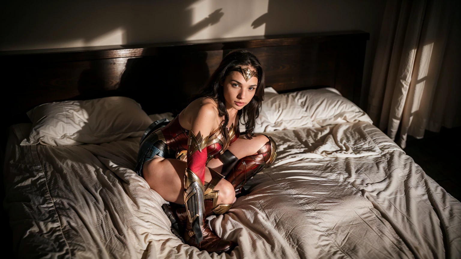 ((masterpiece), (solo character), (photorealistic:1.4), ),(best quality), (epiCRealLife), (g4lg), (wonder woman armor), (g4lg large breasts), (g4lg show cleavages), (Gal Godot in wonder woman costume), (lora:epiCFlashPhoto),(flashphoto), (flash photography) (look at viewers), , (photoshoot), (wonder woman theme), (indoor), (on the bed), (night time), (Gal Godot running, (boots), (lakeside)