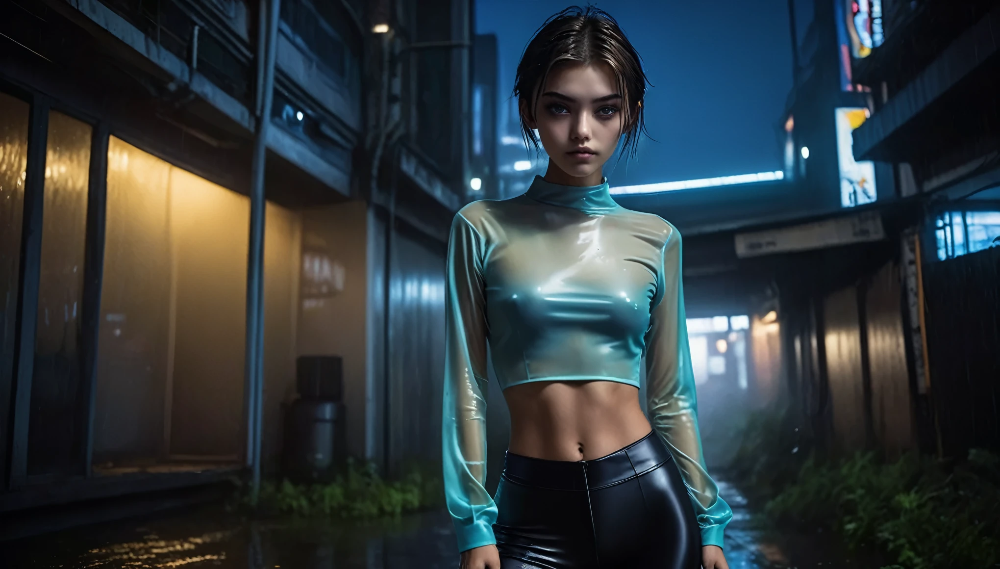 Top Quality, Masterpiece, High Resolution, 8k, full body shot, wide view, (((skinny girl in a wide opened oversize polyester blouse and wetlook leggings, wide neckline, deep neckline, beautiful detailed eyes, small closed mouth, extremely detailed face, long pixie asymmetrical hair style, small hips, at night, dim lighting, look behind, cyberpunk, tatoo, neon))) 