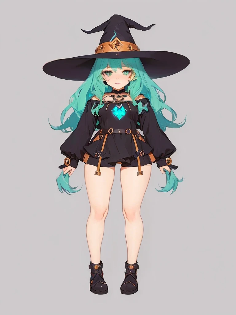 a cartoon girl in a witch costume with a hat and boots, witch girl, astral witch clothes, flirty anime witch casting magic, bright witch, full body character design, witchcore clothes, witch academia, anime full body illustration, anime character design, dark witch character, mechanized witch girl, witch clothes, , anime in fantasy style