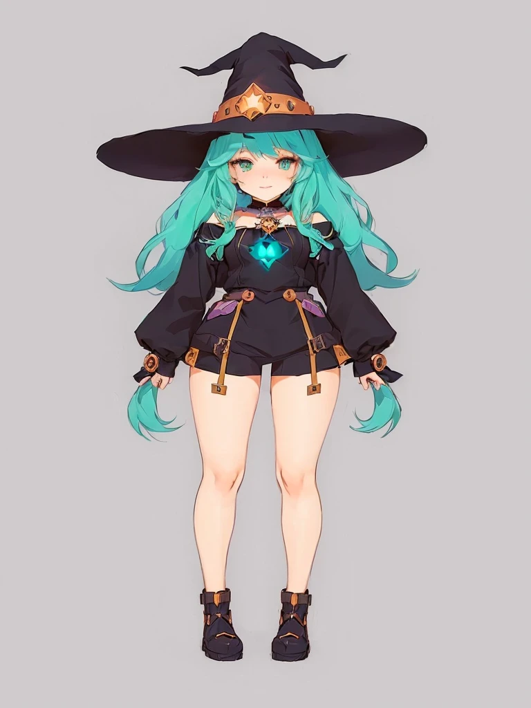 a cartoon girl in a witch costume with a hat and boots, witch girl, astral witch clothes, flirty anime witch casting magic, bright witch, full body character design, witchcore clothes, witch academia, anime full body illustration, anime character design, dark witch character, mechanized witch girl, witch clothes, , anime in fantasy style