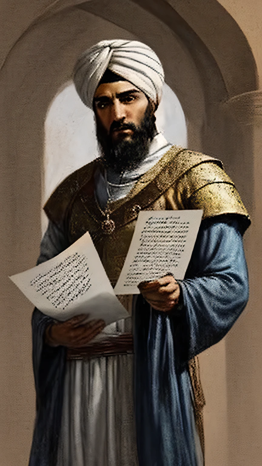 painting style , 4k, medieval period , a minister from Persian empire reading a letter holding in his hand while standing, wearing turban on his head
